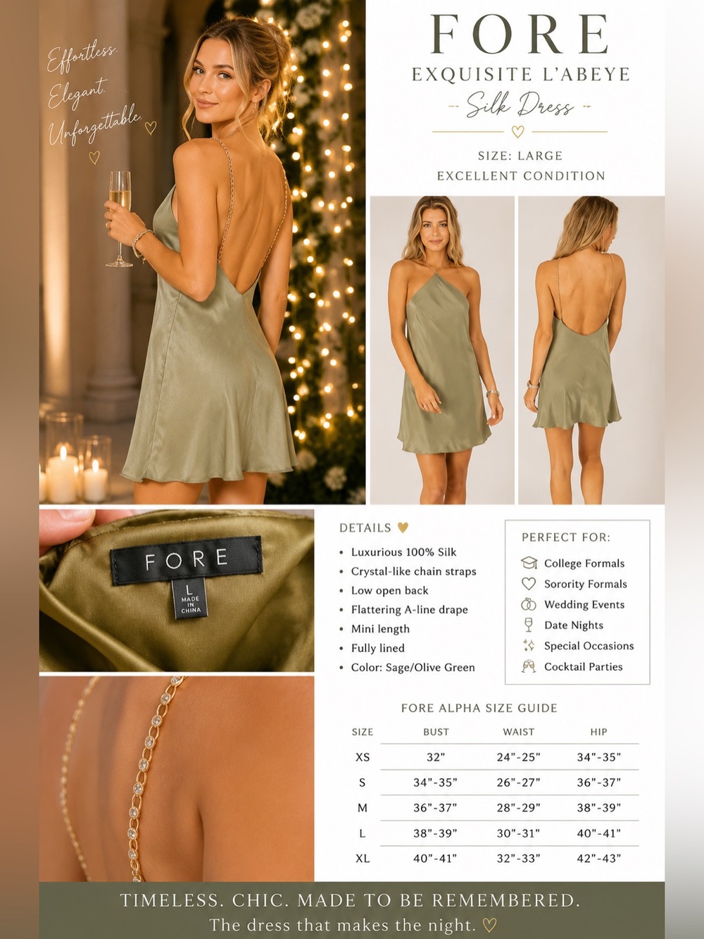 Fore,Exquisite L’abeye Green Silk Dress, Open-Back, Excellent Condition,Large - Picture 2 of 8